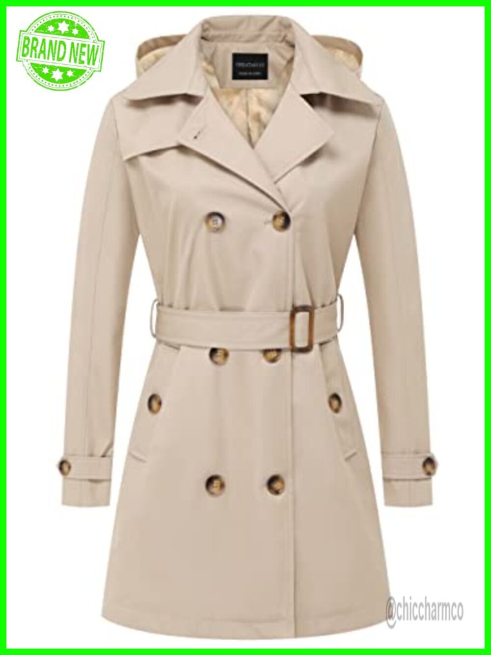 Women's Double-Breasted Trench Coat Belted Slim Overcoat Detachable Hood
